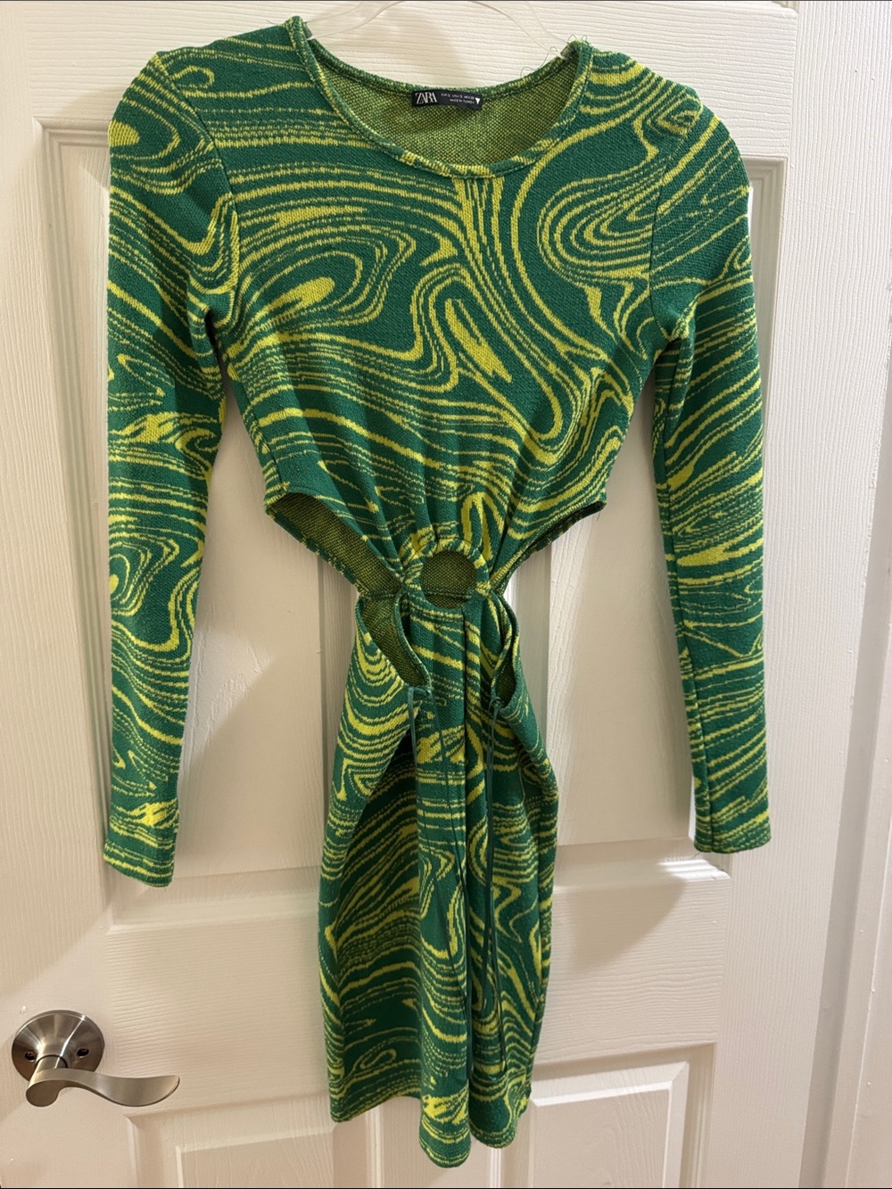 Zara Green & Yellow Swirl Tie-Waist Long Sleeve Dress